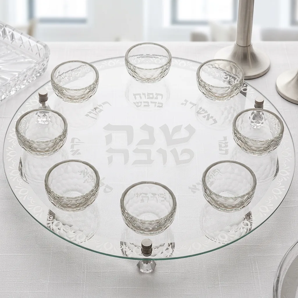 צלחת עגולה מהודרת לראש השנה מזכוכית וקריסטל 40 ס"מ