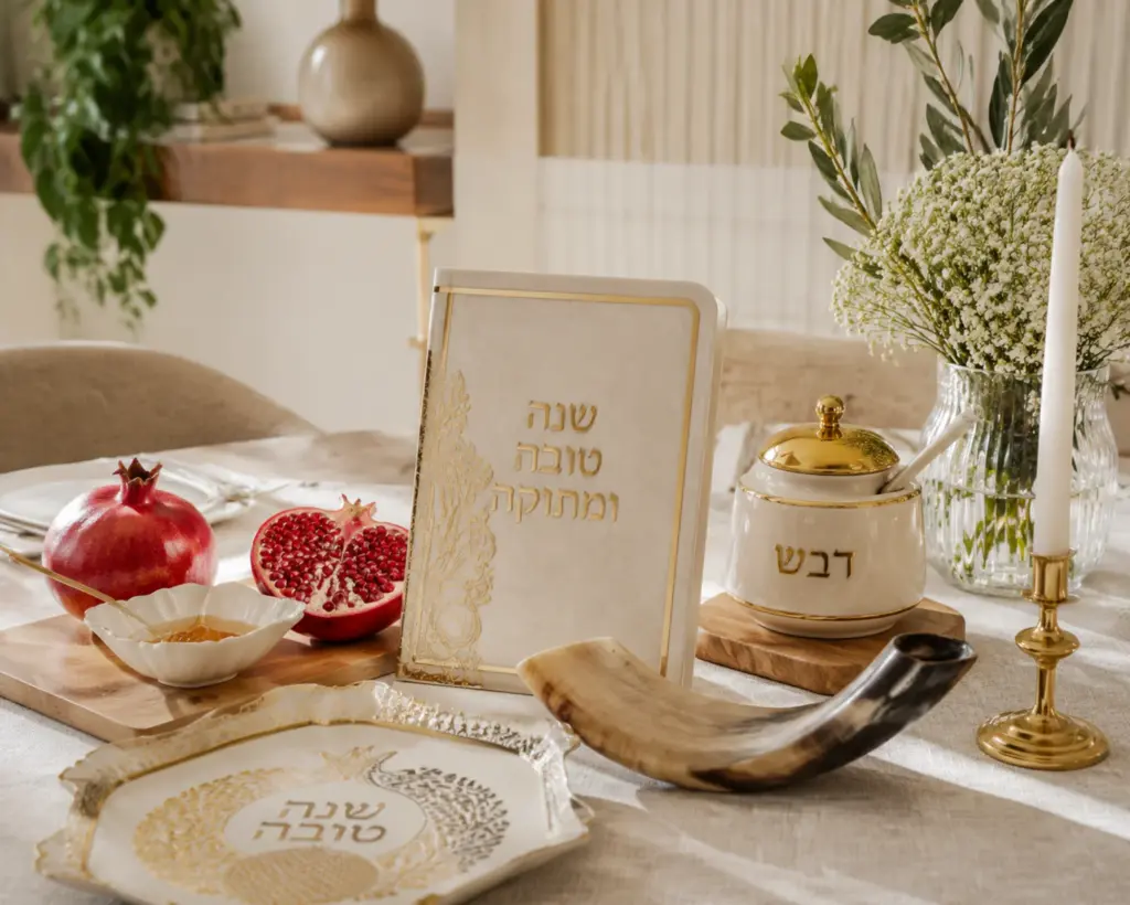 פריטי יודאיקה לראש השנה על שולחן חג מעוצב עם כלי הגשה מסורתיים