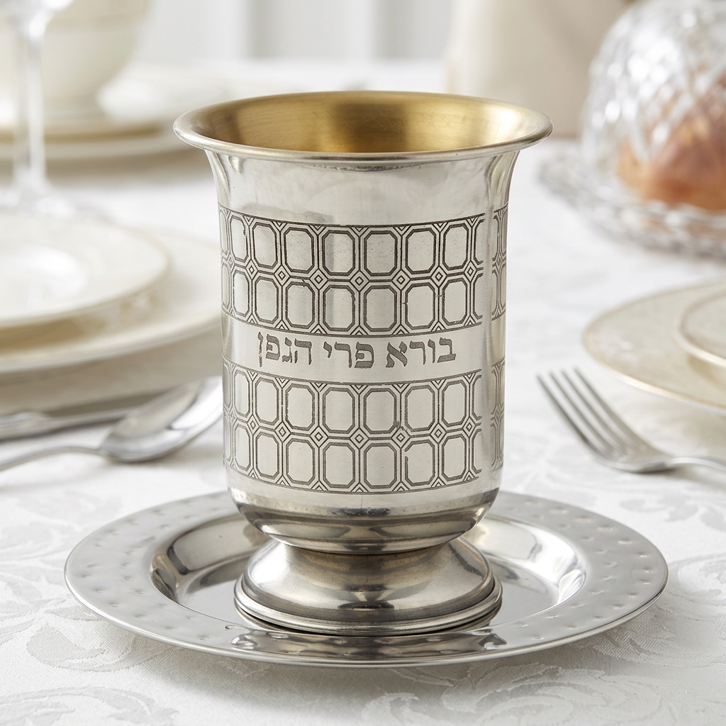 גביע קידוש מהודר מנירוסטה בגובה 10 ס"מ עם חריטת בורא פרי הגפן ועיטורים, פנים זהוב וצלוחית תואמת מרוקעת.