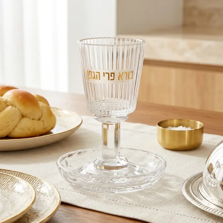 גביע קידוש קריסטל שקוף עם רגל, חריטות פסים לאורכו והכיתוב בורא פרי הגפן, מונח על צלוחית תואמת.