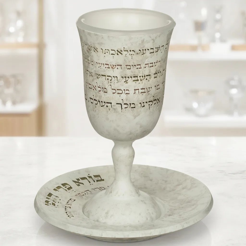 גביע קידוש מפולימר דמוי שיש עם תחתית, מעוטר בכיתוב עברי של פסוקי קידוש.