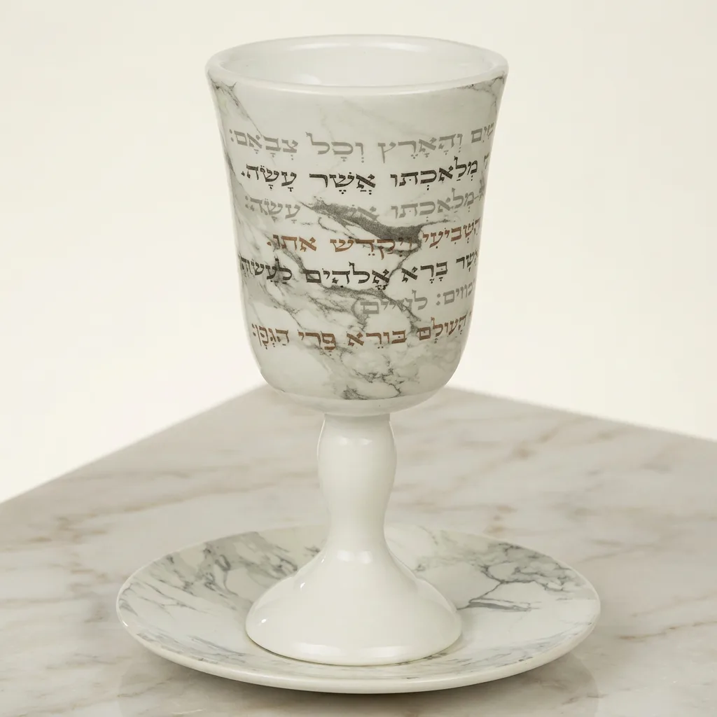 גביע קידוש מקרמיקה בגימור גלזורה עם הדפסת ברכה בגובה 15 סנטימטר