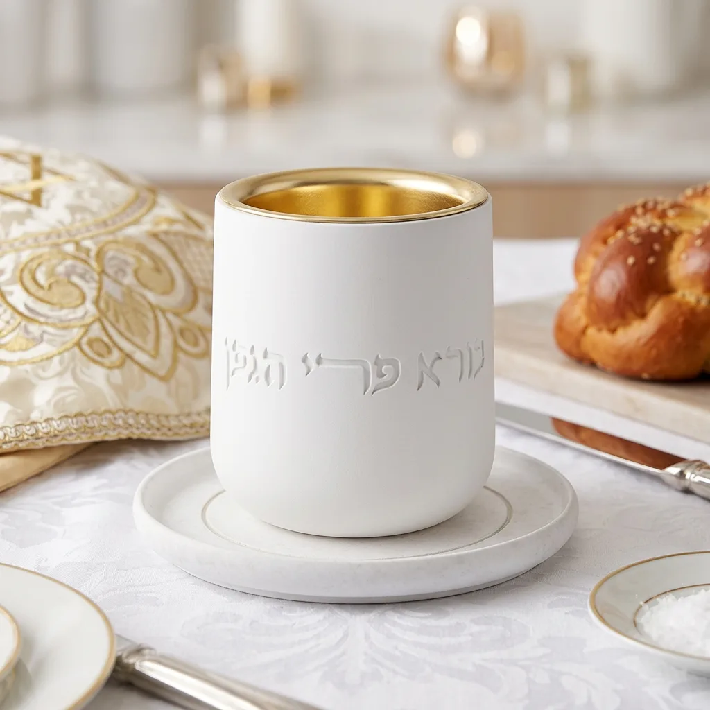 גביע קידוש מפולימר בגימור לבן עם פנים בגוון זהב וכיתוב בורא פרי הגפן, מונח על תחתית תואמת.