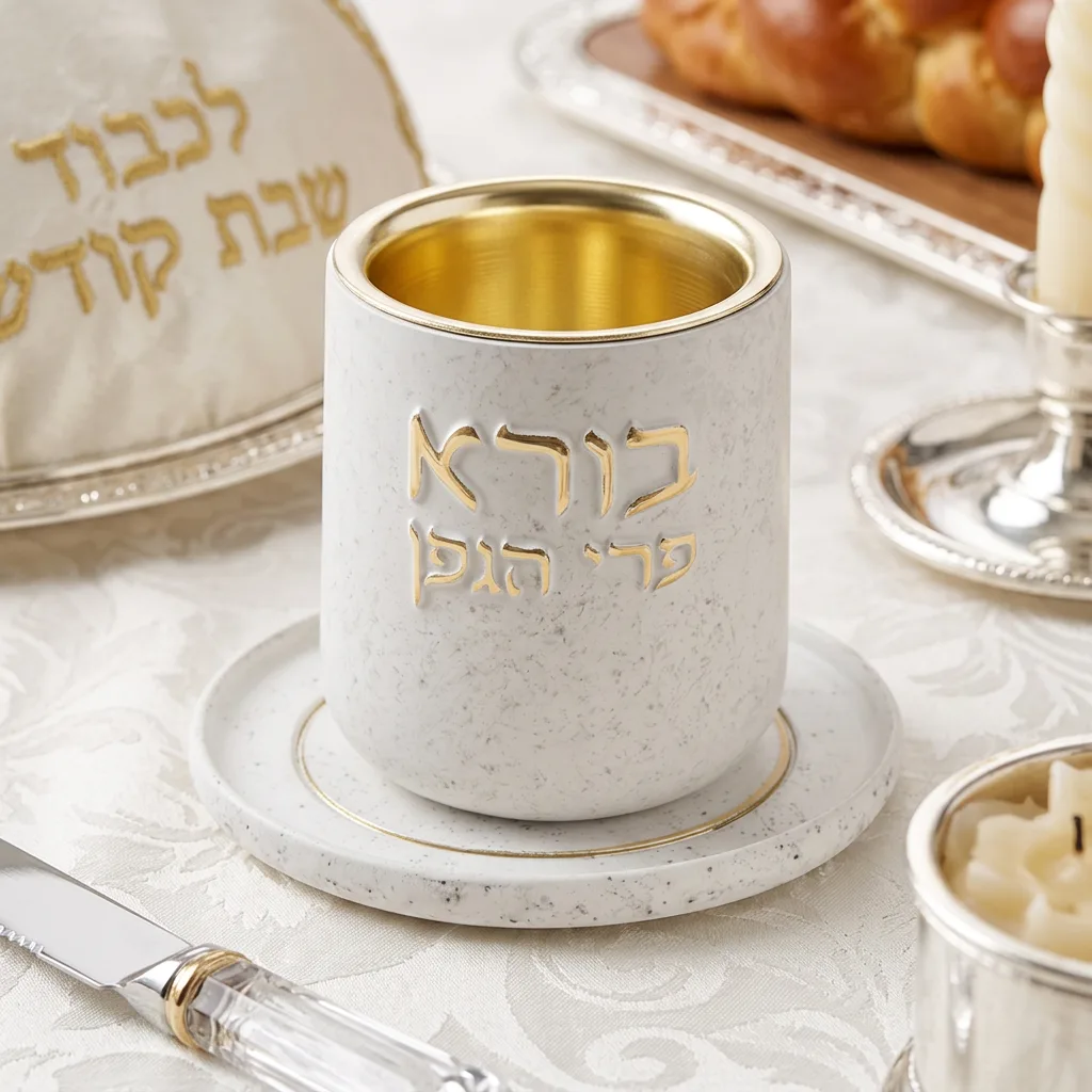 גביע קידוש לבן מפולימר בטון עם כיתוב "בורא פרי הגפן" בזהב ופנים מוזהב, מונח על צלוחית תואמת.
