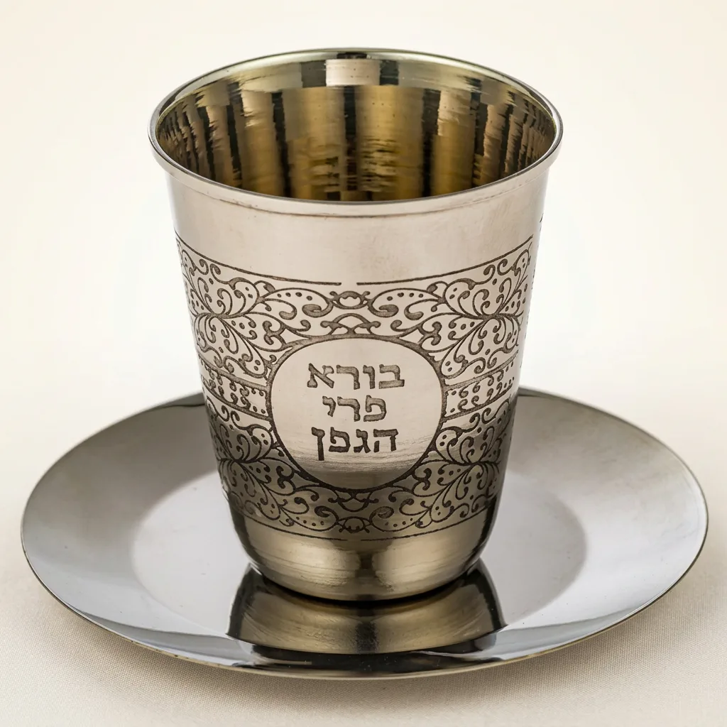 גביע קידוש מהודר מנירוסטה עם חריטת בורא פרי הגפן ותחתית תואמת, בגובה 8 ס"מ. מתאים לכל שולחן שבת וחג.