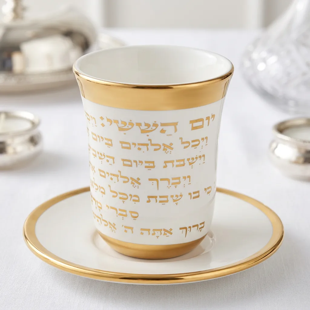 גביע קידוש מהודר מקרמיקה לבנה ללא רגל עם תחתית תואמת 9 ס"מ, מעוטר בכיתוב "יום השישי" ובעיטורי זהב, מונח על רקע לבן.
