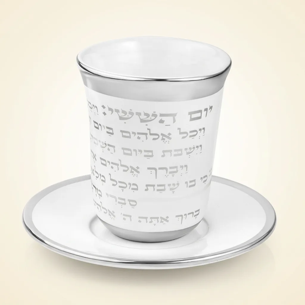 גביע קידוש מקרמיקה לבנה ללא רגל, מעוטר בטקסט הקידוש בכסף עם תחתית תואמת.
