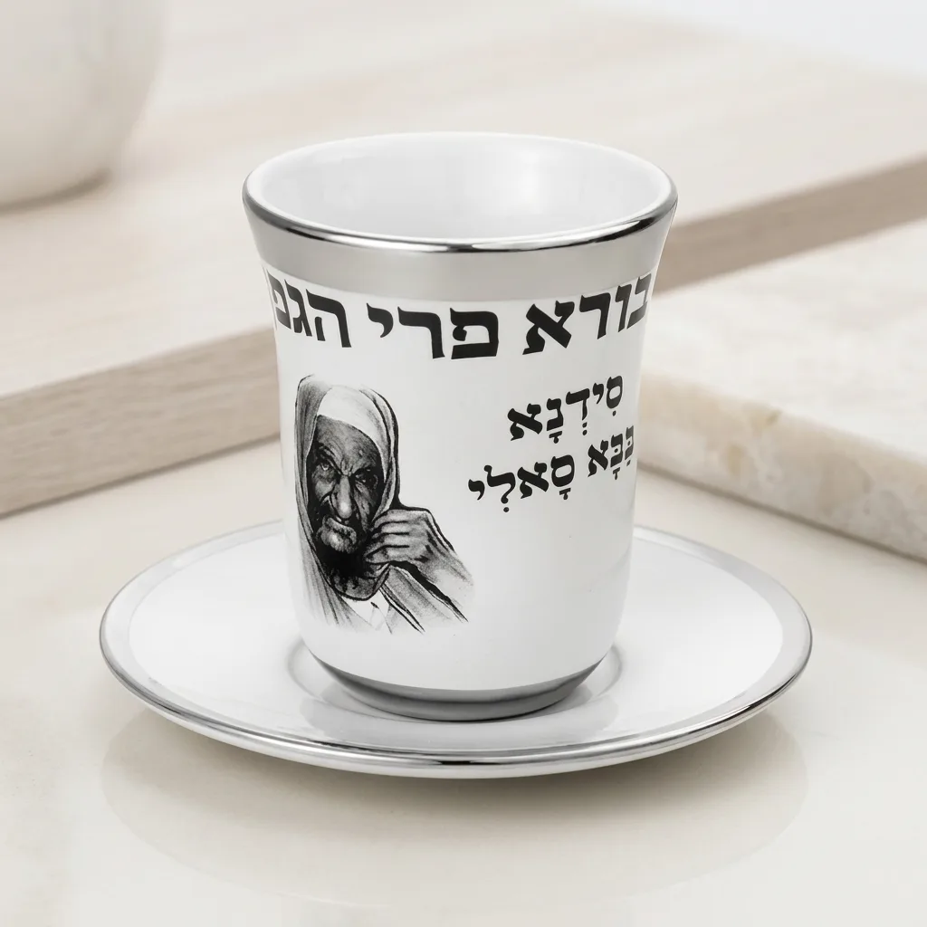 גביע קידוש מקרמיקה לבנה ללא רגל עם תחתית, מעוטר בפס כסוף, הכיתוב בורא פרי הגפן ודיוקן הבבא סאלי